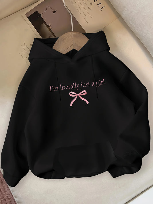 I'm Literally Just A Grill and Pink Bow Print Pattern for Autumn and Winter Women's Hooded Sweatshirt Round Neck Casual Clothing