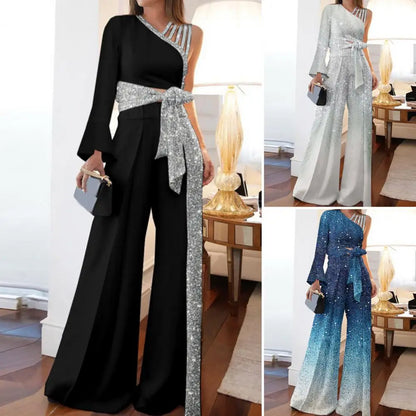 2026 Women Blouse Pants Set One Shoulder Blouse Bandage Bowknot High Waist Wide Leg Pants Set Glitter Trim Elegant Women Outfit