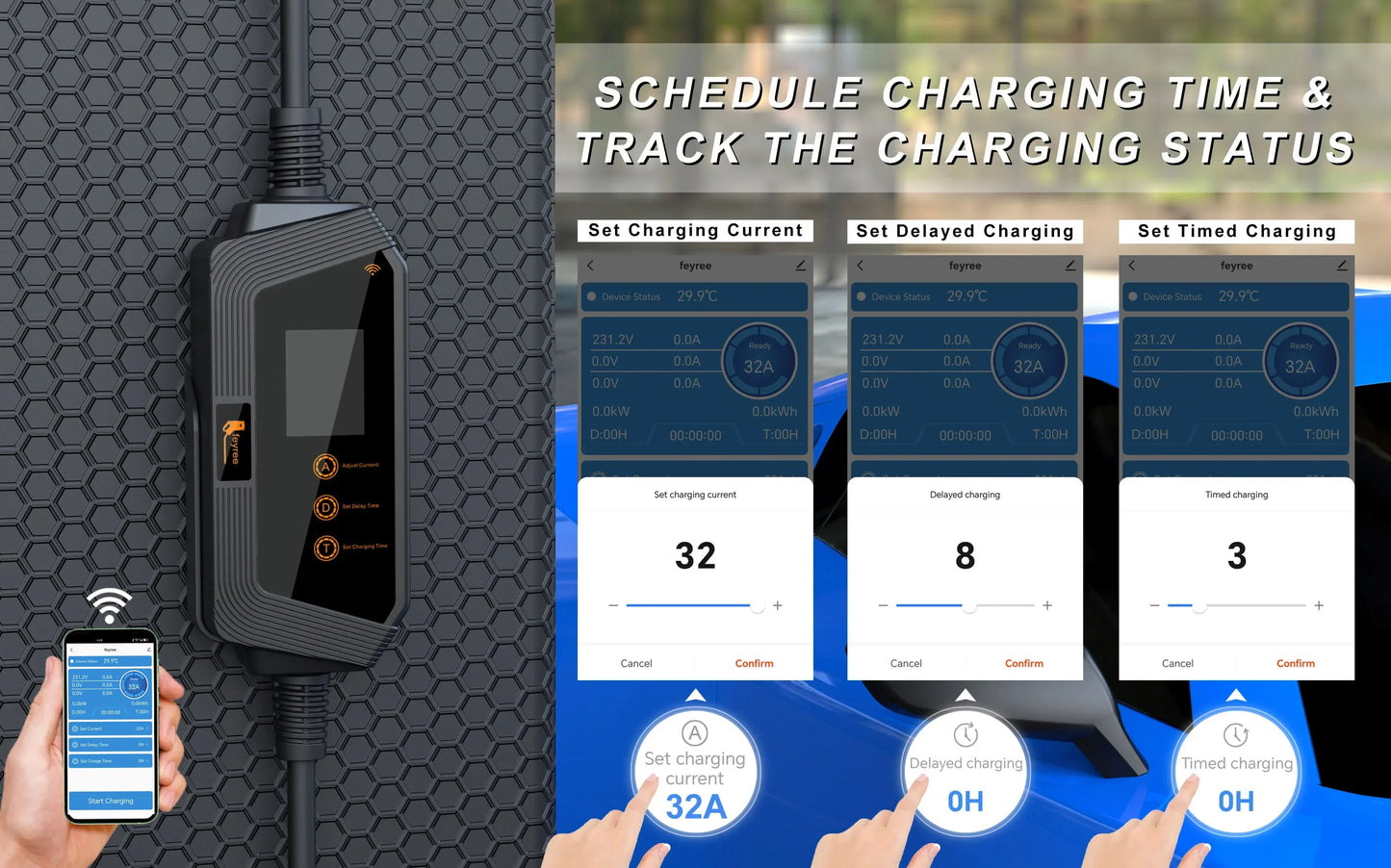 feyree Type1 7KW 32A 1Phase Portable EV Charger J1772 Socket with 5m Cable Smart APP WIFI Control Version for Electric Vehicle