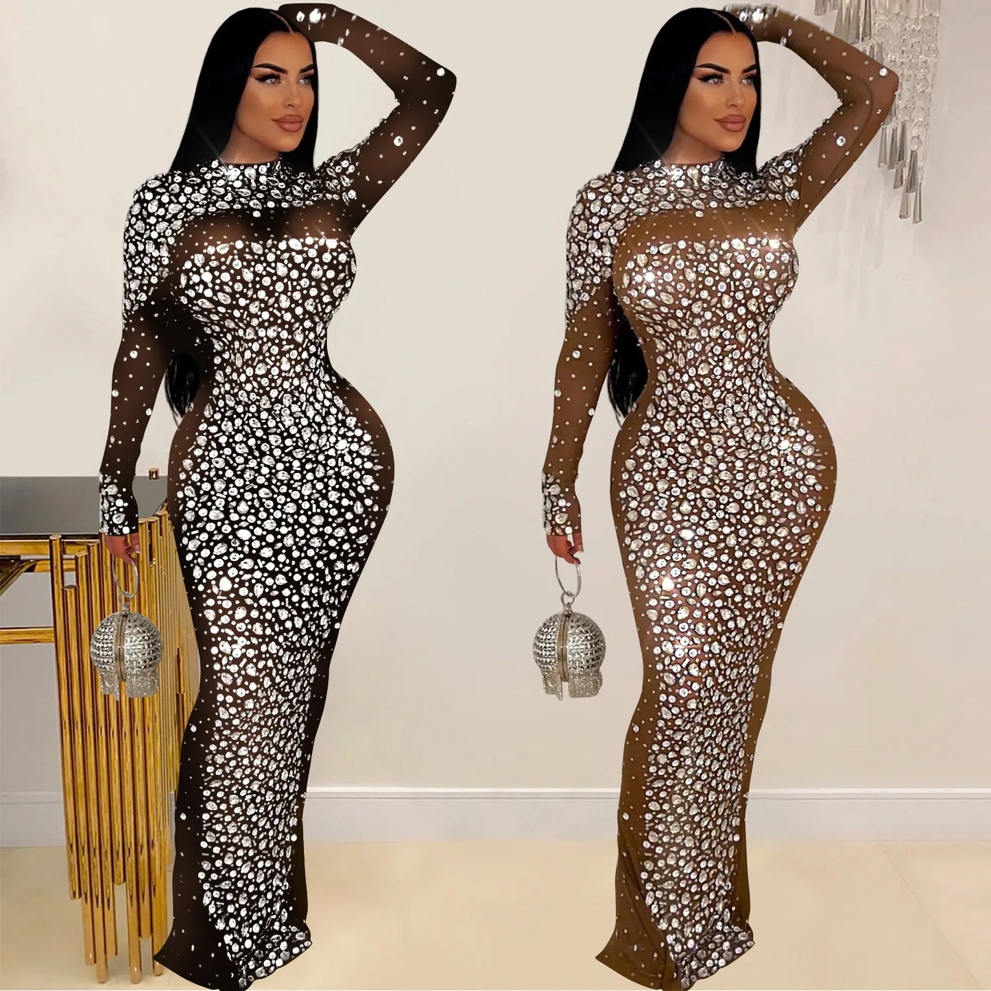 Party Dress Women Floor Length Dresses Vestidos Hot Drilling Evening Bodycon Square Collar Prom High Waist Evening Night 2025
