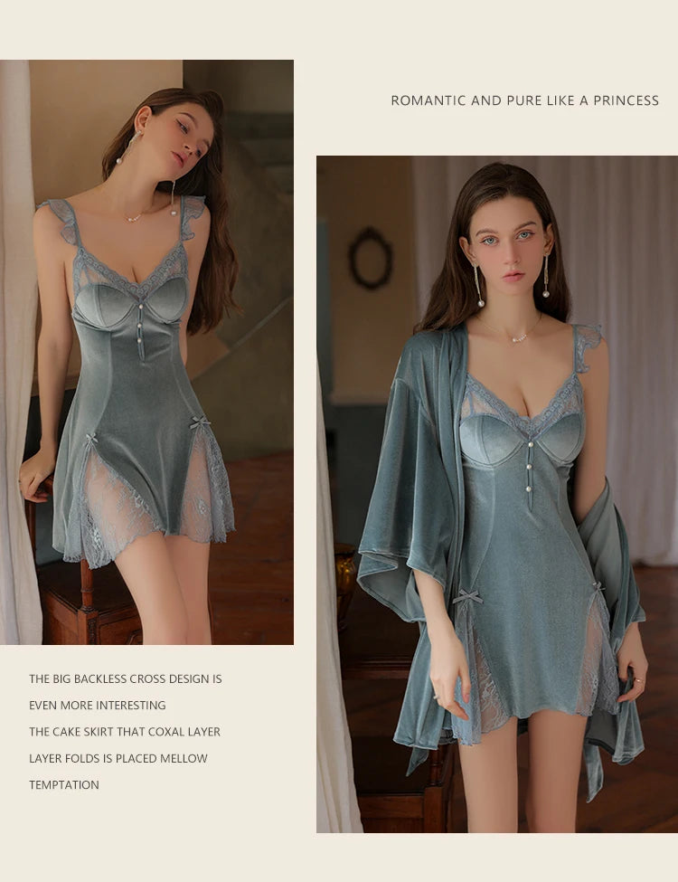 REBEYULI Sexy Sleepwear Women Deep V Solid Lace Velvet Mini Dress with Chest Pad Sweet Fly Sleeves Casual Robe Gown Set Women