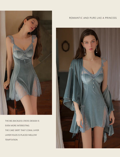 REBEYULI Sexy Sleepwear Women Deep V Solid Lace Velvet Mini Dress with Chest Pad Sweet Fly Sleeves Casual Robe Gown Set Women