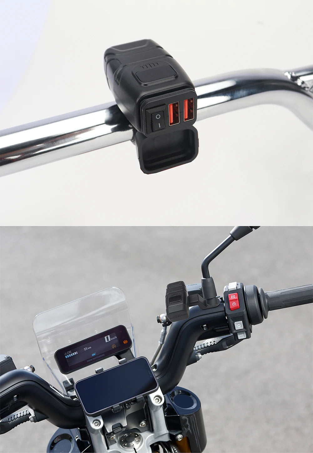 1x Motorcycle Dual USB Socket QC3.0 Fast Charger 60W Handle Style with Switch Voltmeter Waterproof 12V Power Supply Adapter Kit