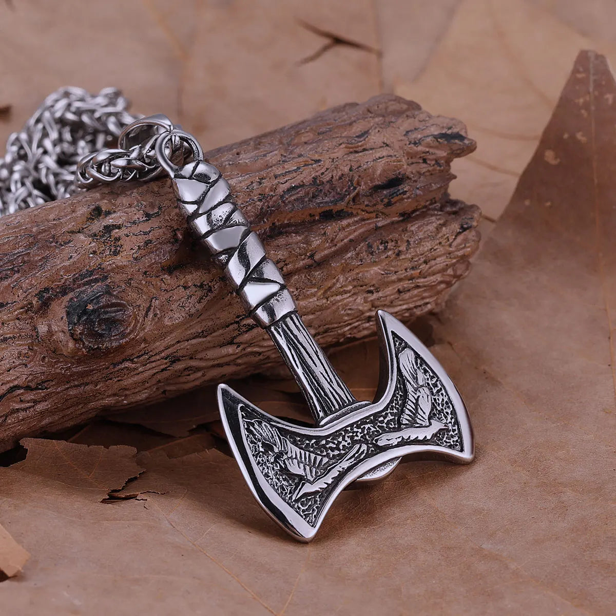 Stainless Steel Vikings Axe Necklace Mixed Gold Color Odin Raven Pendant Men's Personality Rune Amulet Gift for Boyfriend