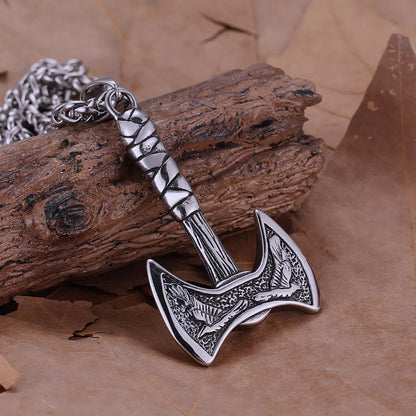 Stainless Steel Vikings Axe Necklace Mixed Gold Color Odin Raven Pendant Men's Personality Rune Amulet Gift for Boyfriend