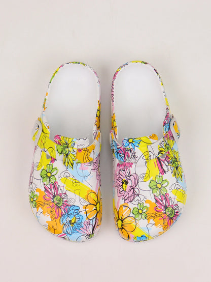 Women's Fashion Floral Print Clogs, Eva Summer Non-Slip Work Shoes, Lightweight Flat Soft Sole Adjustable Buckle Closed Toe Suitable for Beach Garden Autumn