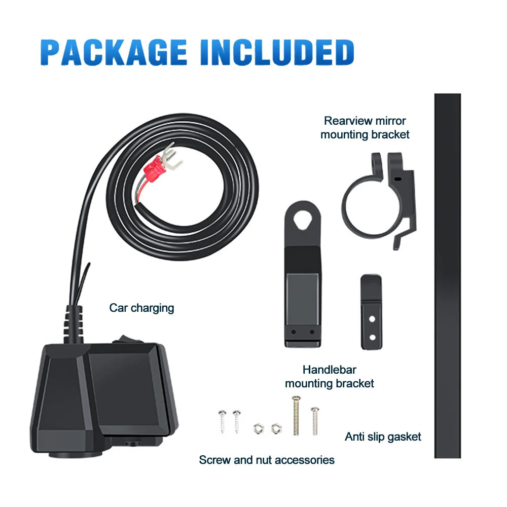 60W Dual USB Socket Motorcycle Handlebar & Rear Mirror Waterproof Fast Charger Phone Power Adapter Digital Voltmeter Thermometer