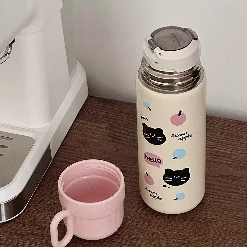 500ml Cartoon Stainless Steel Portable Thermos Cup,Cute Student Water Cup,Outdoor One Cover Dual-use Cup Vacuum Insulated Bottle