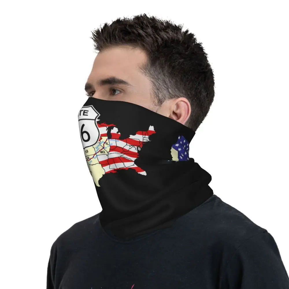 Custom Travel Motorcycle Ride Route 66 Bandana Winter Neck Warmer Windproof Wrap Face Scarf for Hiking Highways Gaiter Headband