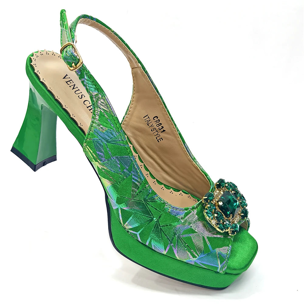 Venus Chan 2025 Elegant Peep-Toe Heels for Women - Perfect Italian Party Shoes & Bag Set with Sparkling Diamond Accents