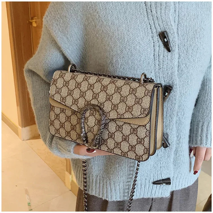 Fashionable Mini Printed Chain Women's Bag Crossbody Shoulder Bag Soft PU Leather Square Shape Bag with Phone Pocket