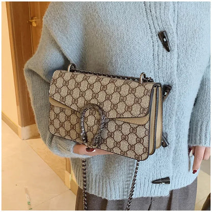 Fashionable Mini Printed Chain Women's Bag Crossbody Shoulder Bag Soft PU Leather Square Shape Bag with Phone Pocket