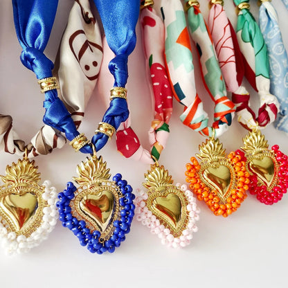 Women’s Fashion Scarf Necklace with Large Stainless Steel Heart Pendant Stackable Bandana Jewelry
