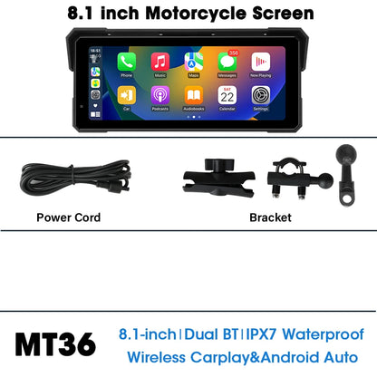 Jansite 8.1 Inch 4K Motorcycle CarPlay Screen 4K Dash Cam Wireless Android Auto Bluetooth GPS Navigation IPX7 Waterproof Display