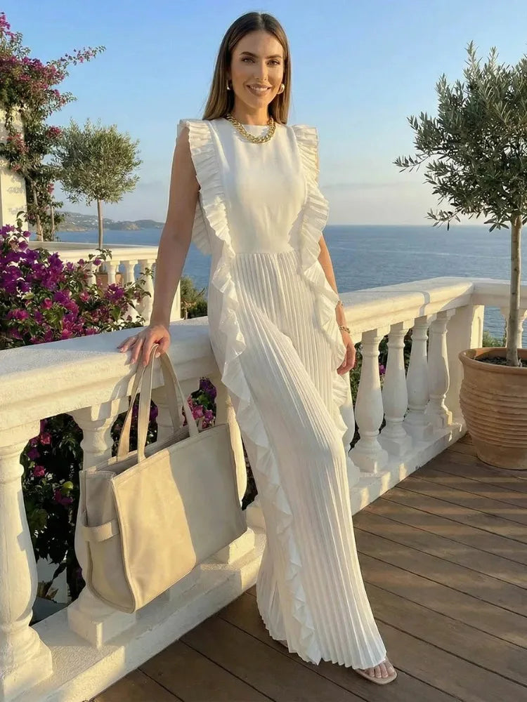 UOOZEE 2026 New Summer Women's Elegant Ruffled Trim Pleated Jumpsuits Loose Sleeveless Wide Leg Party Evening Office Overalls