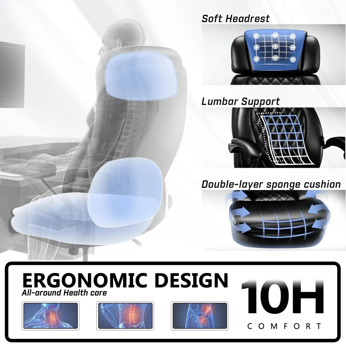 400lbs Executive Office Chair with Foot Rest for Heavy People, Ergonomic Big and Tall Desk Chair with Adjustable, Customized