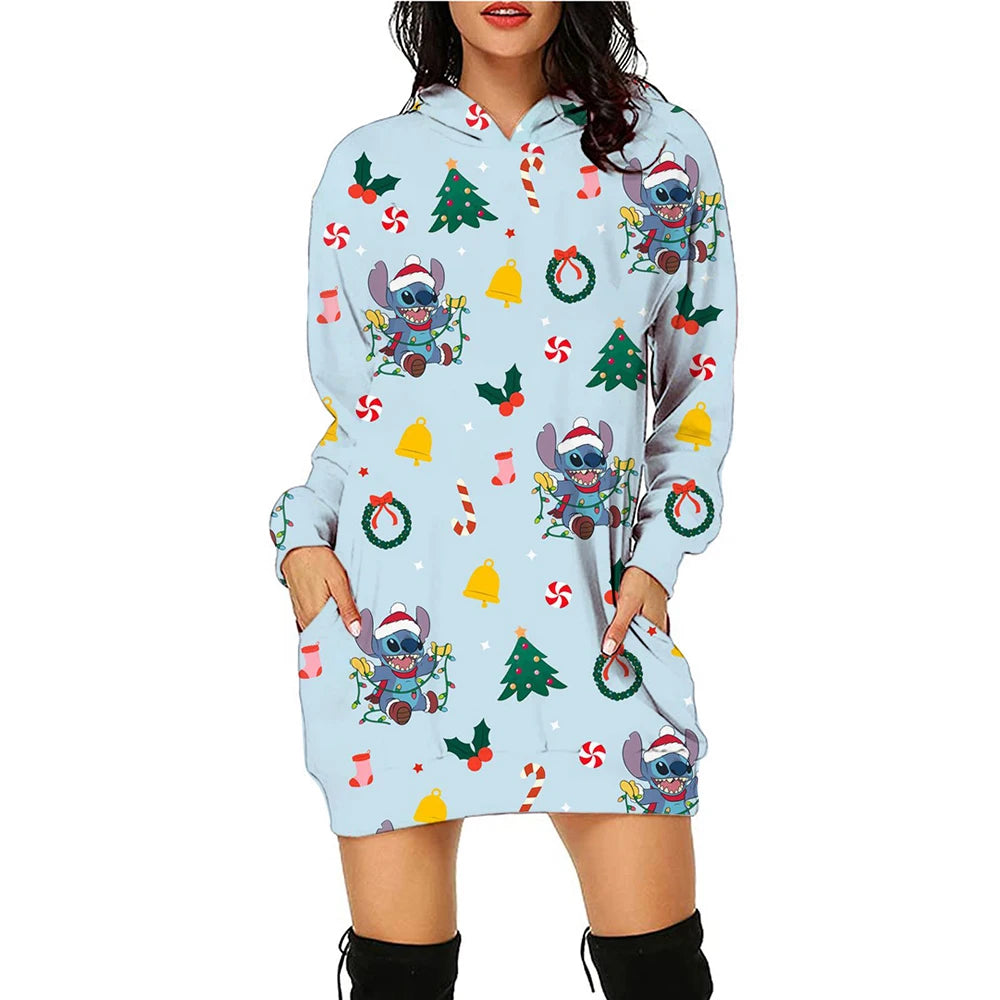 Christmas Disney Brand Stitch Cartoon Long Hoodie Autumn New Mini Sexy Long Sleeved Dress Korean Fashion Elegant Ladies Party