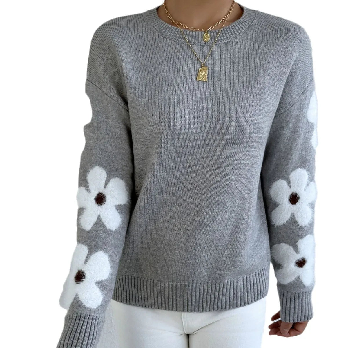 Ladies Clothes Sueter Flower Print Loose Round Neck Long Sleeve Autumn Winter Versatile Pullover Sweater Autumn Clothing Womens