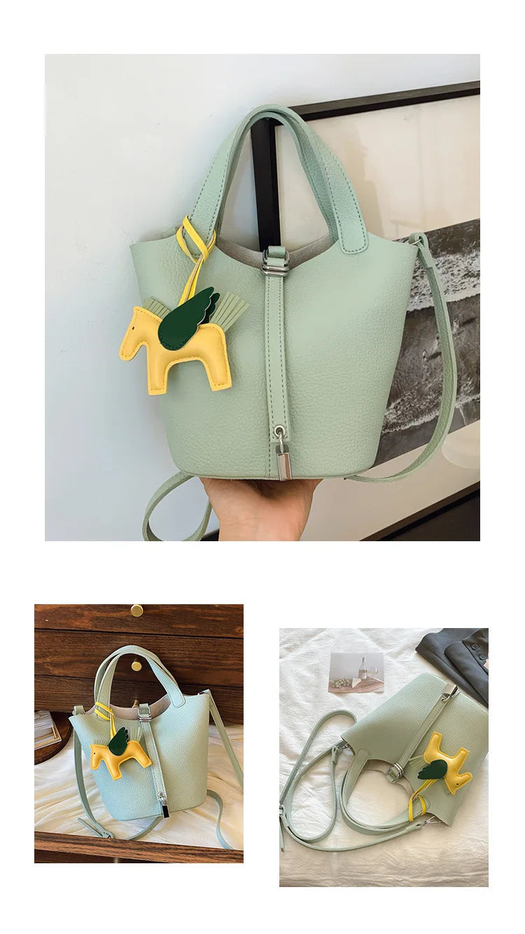 Popular and popular lychee patterned mother and child bucket bag for women, 2025 new casual retro handbag, casual commuting bag