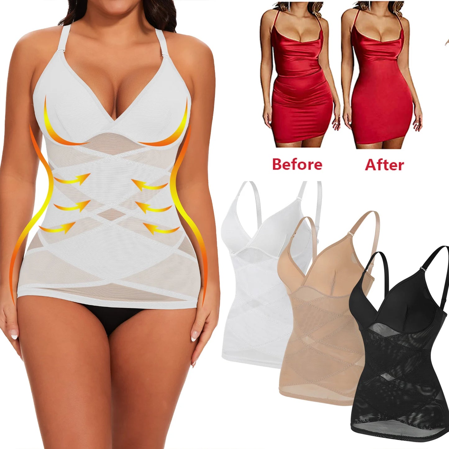 Women's Mesh Body Shaper Tummy Control Shapewear Tank Tops Compression Cami Summer Tops Deep V-neck Camisoles Slimming S-3XL New