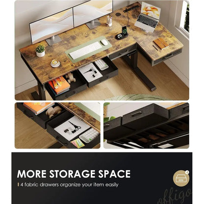 63 L-Shaped Electric Adjustable Desk with Power Outlets, Large Sit-Stand Workstation, Rustic Brown