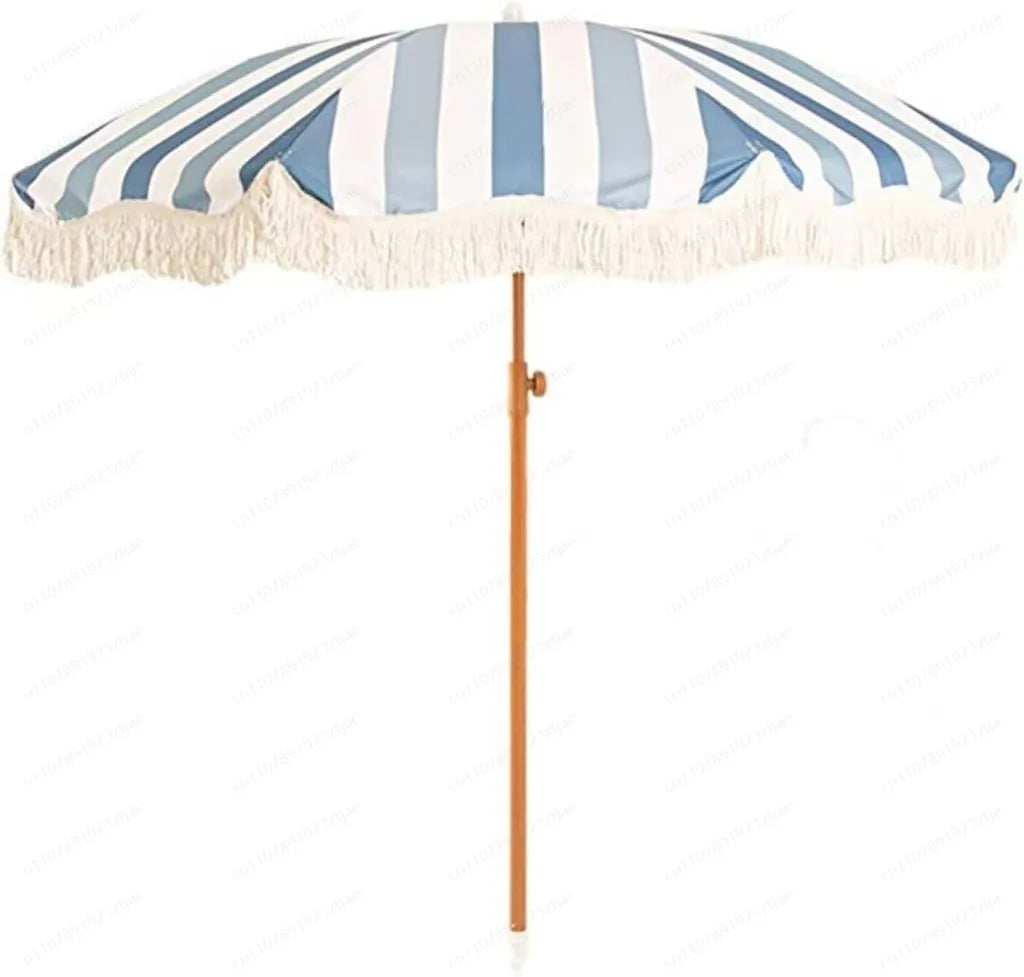2m yellow striped umbrella with tassels, outdoor shade, beach umbrella, courtyard camping, sun protection