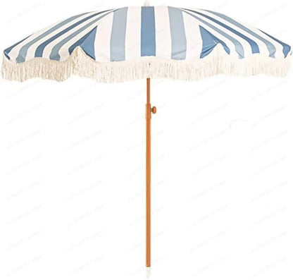 2m yellow striped umbrella with tassels, outdoor shade, beach umbrella, courtyard camping, sun protection