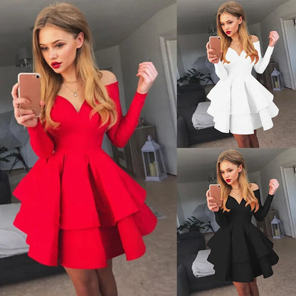 BKLD Autumn Clothes 2025 Solid Color Long Sleeve Sexy Clubwear V-Neck Off The Shoulder Evening Party Dress Red Dresses For Woman