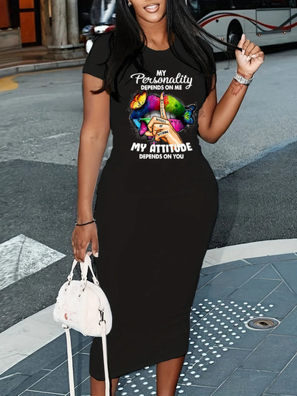 Women's summer casual fashion slim fit sexy solid color round neck short sleeved Long Dress Black Plus Size XS-5XL
