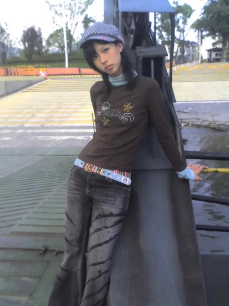 Karrram Japanese Y2k Turtleneck T-shirt Grunge Aesthetics Patchwork Tops Vintage Diamond Print Long Sleeve Tshirt Harajuku 2000s