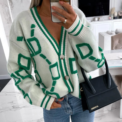 Autumn Winter Jacquard Knitted Coat Women Fashion V-neck Long Sleeve Single Breasted Knitting Cardigan Coats Female Streetwear