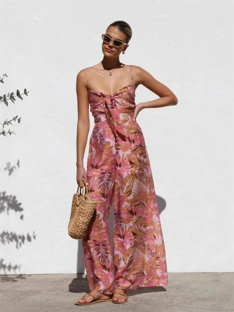 Summer New Print Spaghetti Strap jumpsuits Women Sexy Low Cut Bowknot Bowknot High Waist Wide Leg Jumpsuit Vacation Style Female