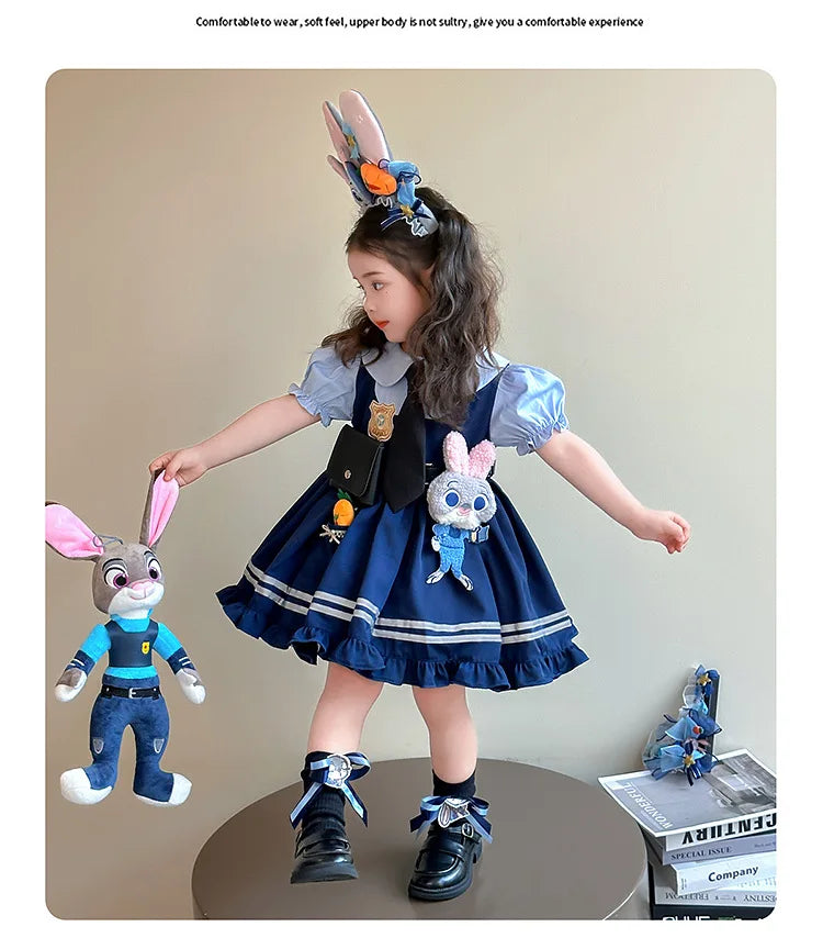 Girl Cosplay Judy Hopps Police Officer Dress Ear Sheriff Hat Bunny Costume Kids Dress Up Halloween Rabbit Disguise Dress Outfits