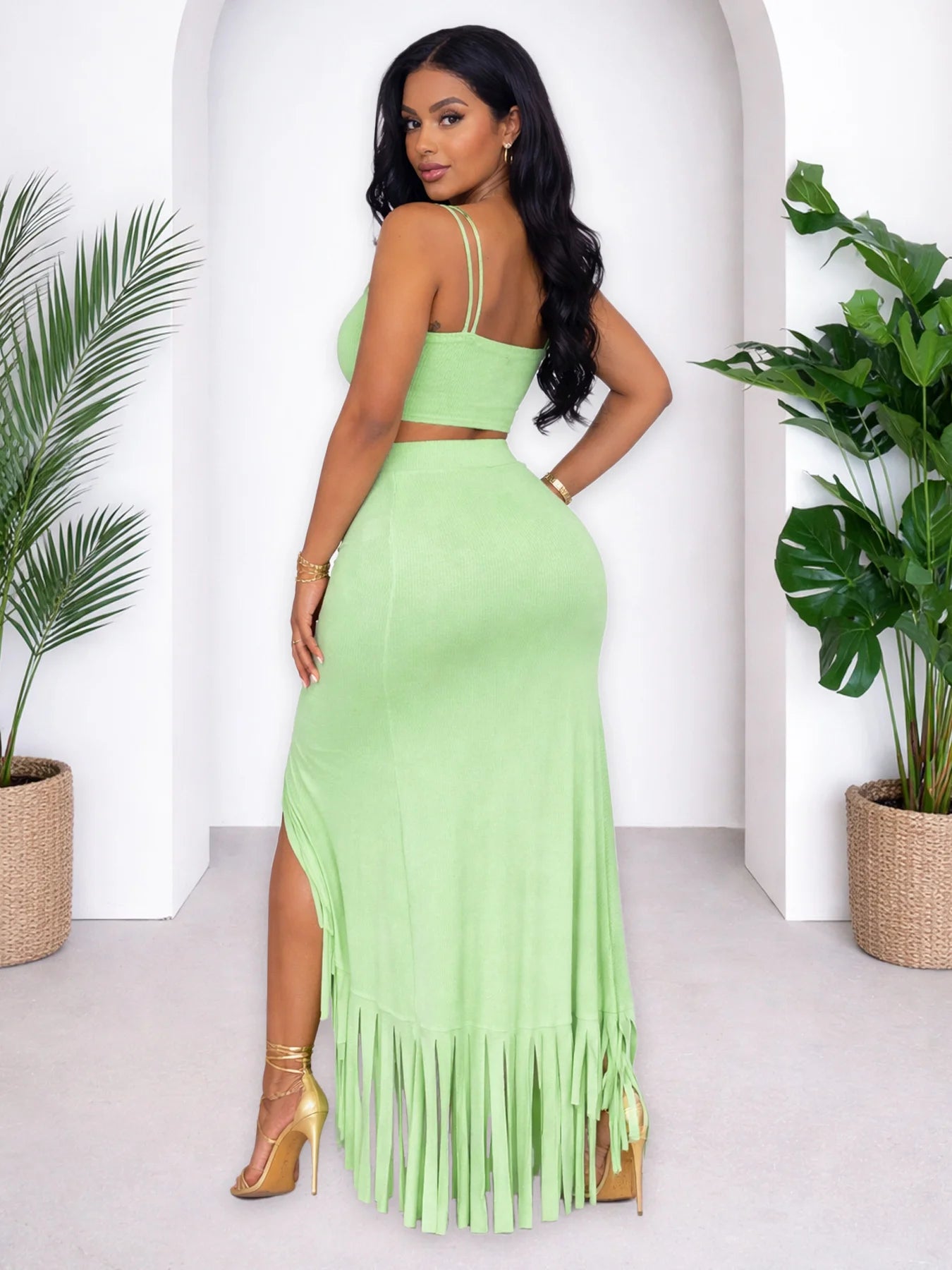 Summer Y2K Two Piece Set Cross Strap Crop Top and Fringe Split Skirt Fashion Casual Beach Party Outfit Women Clothing