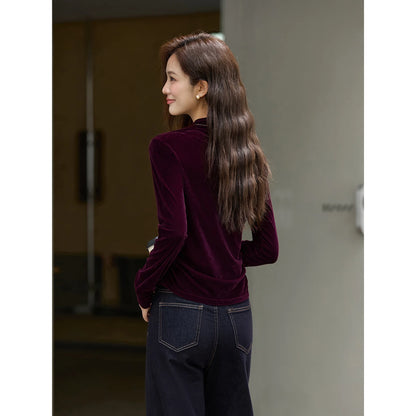 VIMLY Women's Red Velvet T-shirt Casual Knitted Slim Fit Tops Winter 2026 Vintage Mock Neck Folds Long Sleeve Ladies Tees A3305