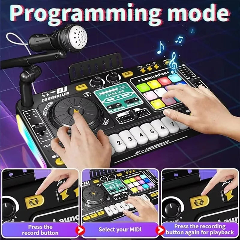 Kid DJ Mixer with Microphone Electronic Piano Keyboard Bluetooth DJ Turntable Controller Musical Instrument Kid Christmas Gift