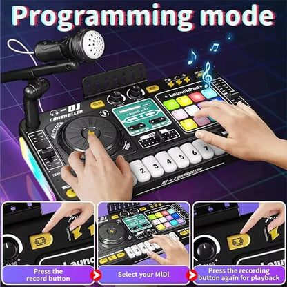Kid DJ Mixer with Microphone Electronic Piano Keyboard Bluetooth DJ Turntable Controller Musical Instrument Kid Christmas Gift