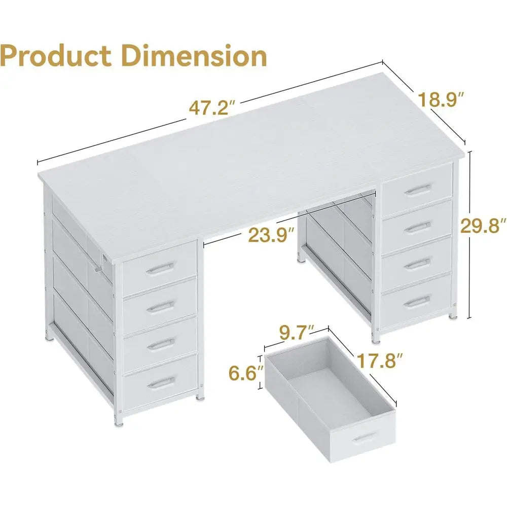 48 White Desk with 8 Fabric Drawers - Modern Storage Desk for Home Office, Study, Gaming
