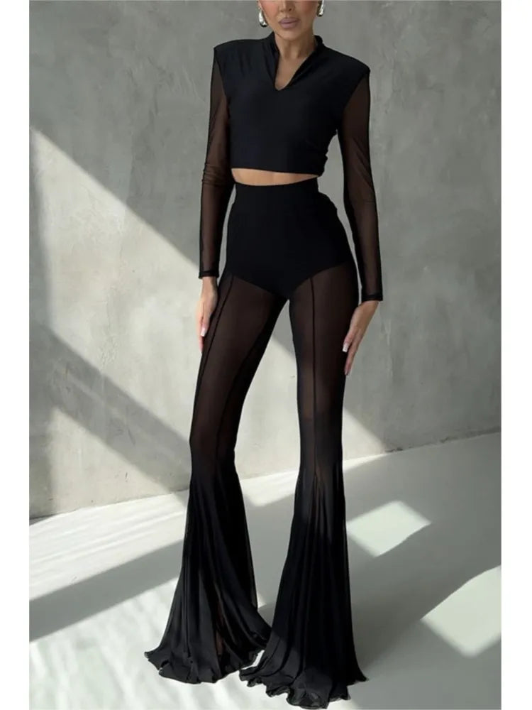 Sexy Sheer Flare Pants For Women Fashion Solid High Waist Long Pants Lady Casual Holiday Streetwear Women's Clothing New 2025