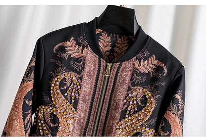 Luxury Rhinestone Stand Collar Bomber Jacket for Women, Vintage European Style Loose Fit Zip up Long Sleeve Spring Autumn Coat