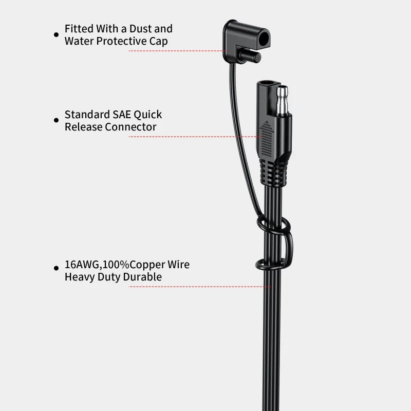 60cm/180cm Quick Release SAE Cable w/ 10A Fuse Terminal O Connector Battery Charger Extension Adapter Wire 16AWG Terminal