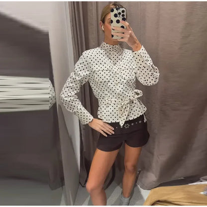 Fashion Polka Dot Cropped Pants Set For Women Y2K Stand Collar Lace Up Jacket High Waist Capri Pants Lady Street 2 Pieces Outfit