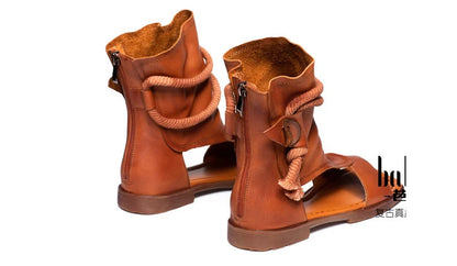 Birkuir High Top Open Toe Sandals For Women Summer Boots Luxury Hollow Out Beach Sandals Genuine Leather Flats Shoes Ladies