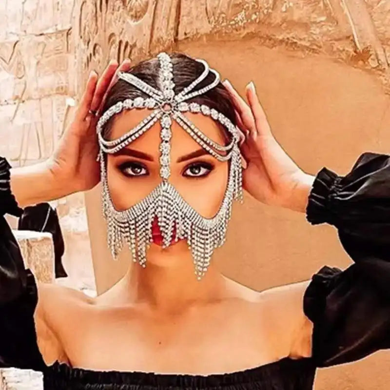 Charms Sexy Rhinestone Tassel Masquerade Face Jewelry For Women Facial Accessories Banquet Party Mask Full Face Chain Decoration