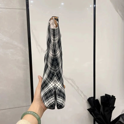 2025 Luxury Brand Designer Split Toe Ankle Boots New Fashion Chunky Round High Heels Women Boots Winter Plaid Boots