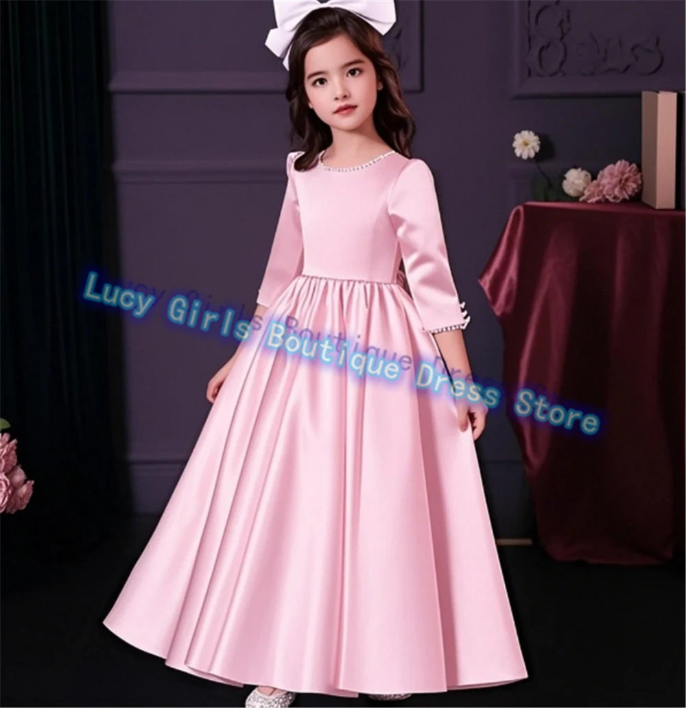 Lovely White Satin Flower Girl Dress for Wedding Dresses Little Princess Bow Kids Birthday Party Evening Customise Gowns