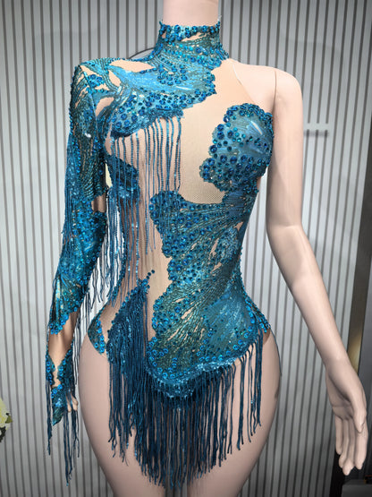 Rhinestones Women DanceCostume Fringes One Shoulder Bodysuit  Sexy Skinny Leotard Singer Dancer Show StageWear Sparkly Blue