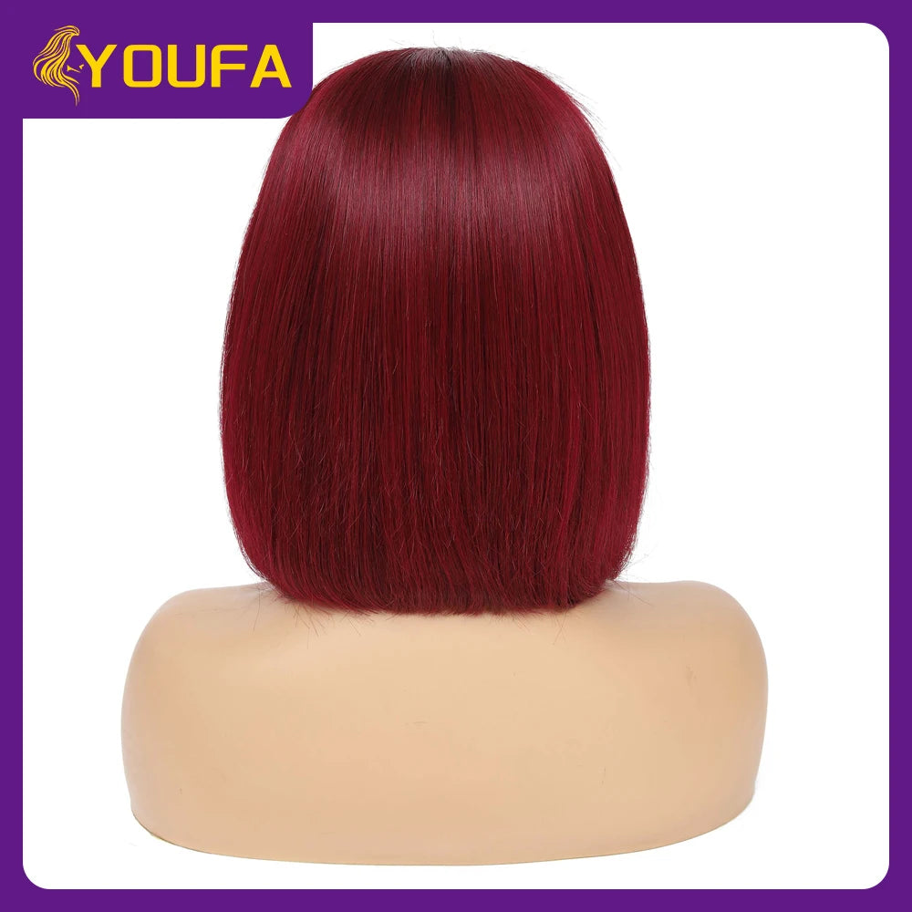 Burgundy 13x4 Lace Front Wigs With Bangs New Style 100% Brazilian Straight Human Hair Wigs Transparent Lace Frontal Bang Wigs