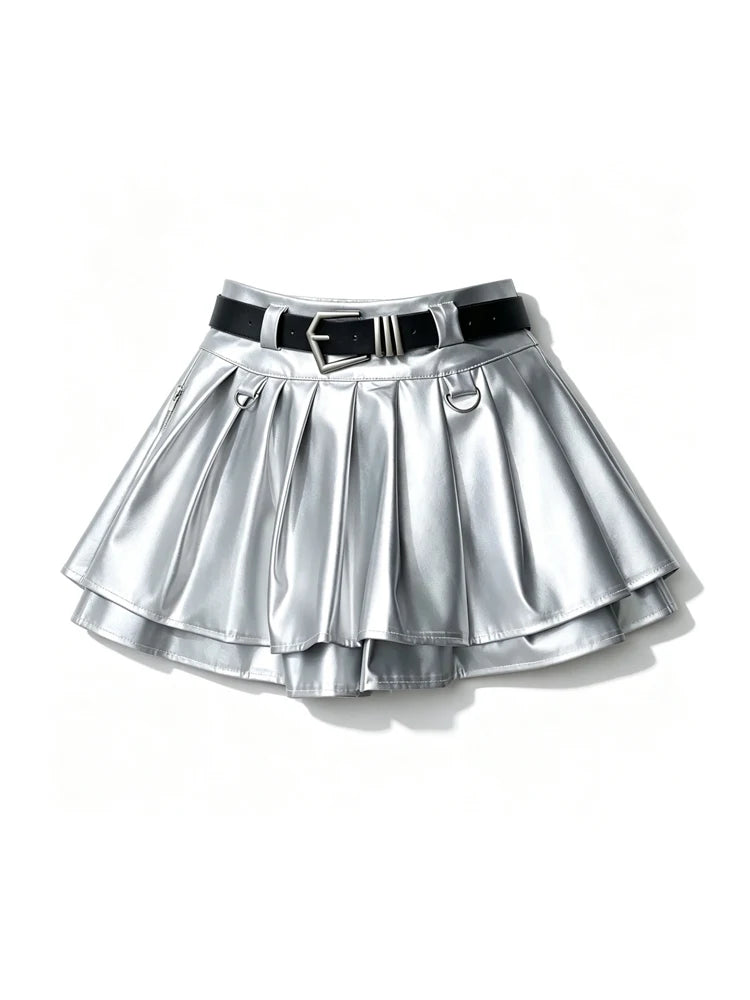 Women Black A-line Leather Skirt Vintage Aesthetic Y2k Pleated Skirt Harajuku Korean Gothic Mini Skirt Emo 2000s Clothes Summer