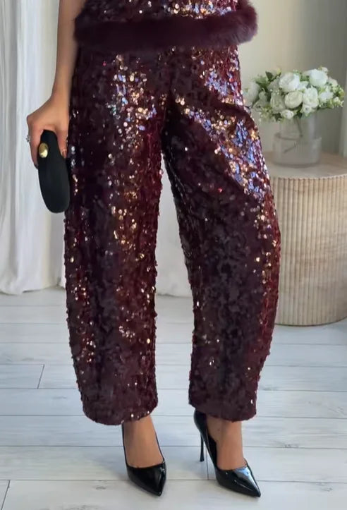 Chic Sequin Sleeveless Top Pants Set Women Faux Fur Patchwork Tops High Waist Straight Trousers Sets Lady Party Street Outfits